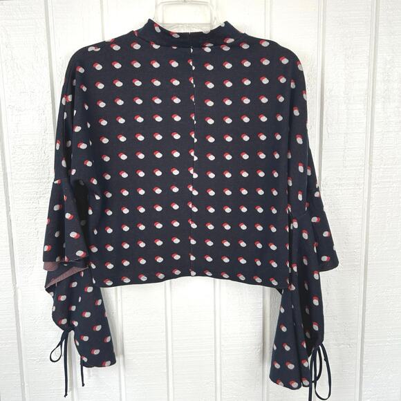 BCBG Women Cropped Flared Long Sleeve Knit Polka Dot Sweater Navy Blue Medium - Picture 6 of 7